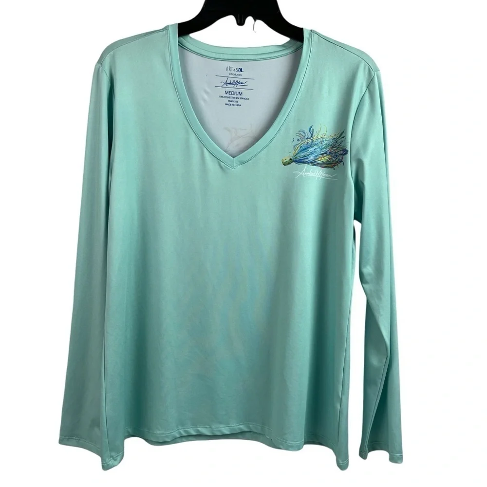 Art & Sol Amber Moran Womens Shirt Seafoam Fishing Lures Stretch V Neck Medium - Picture 2 of 10